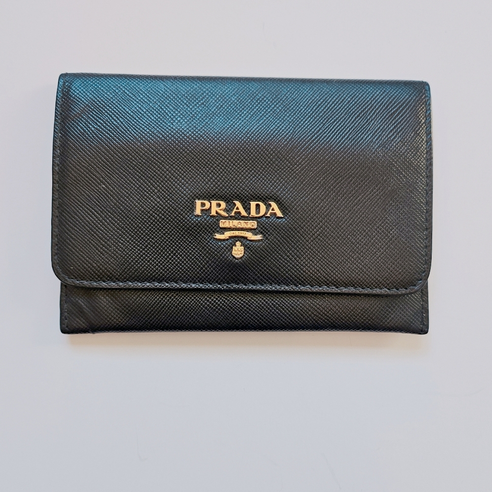 PRADA Saffiano Card Holder Wallet Gold Tone Hardware Logo - Picture 3 of 14